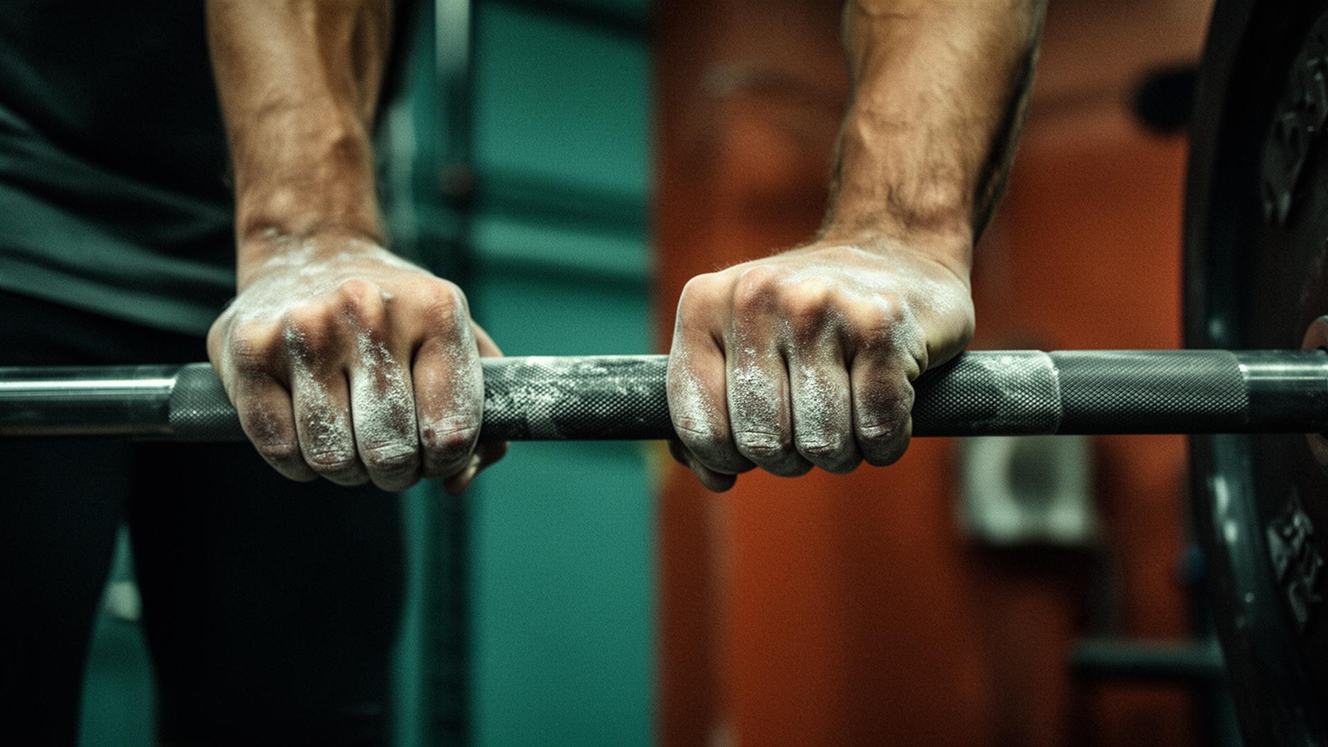 Närbild på händer med magnesium kring en skivstång